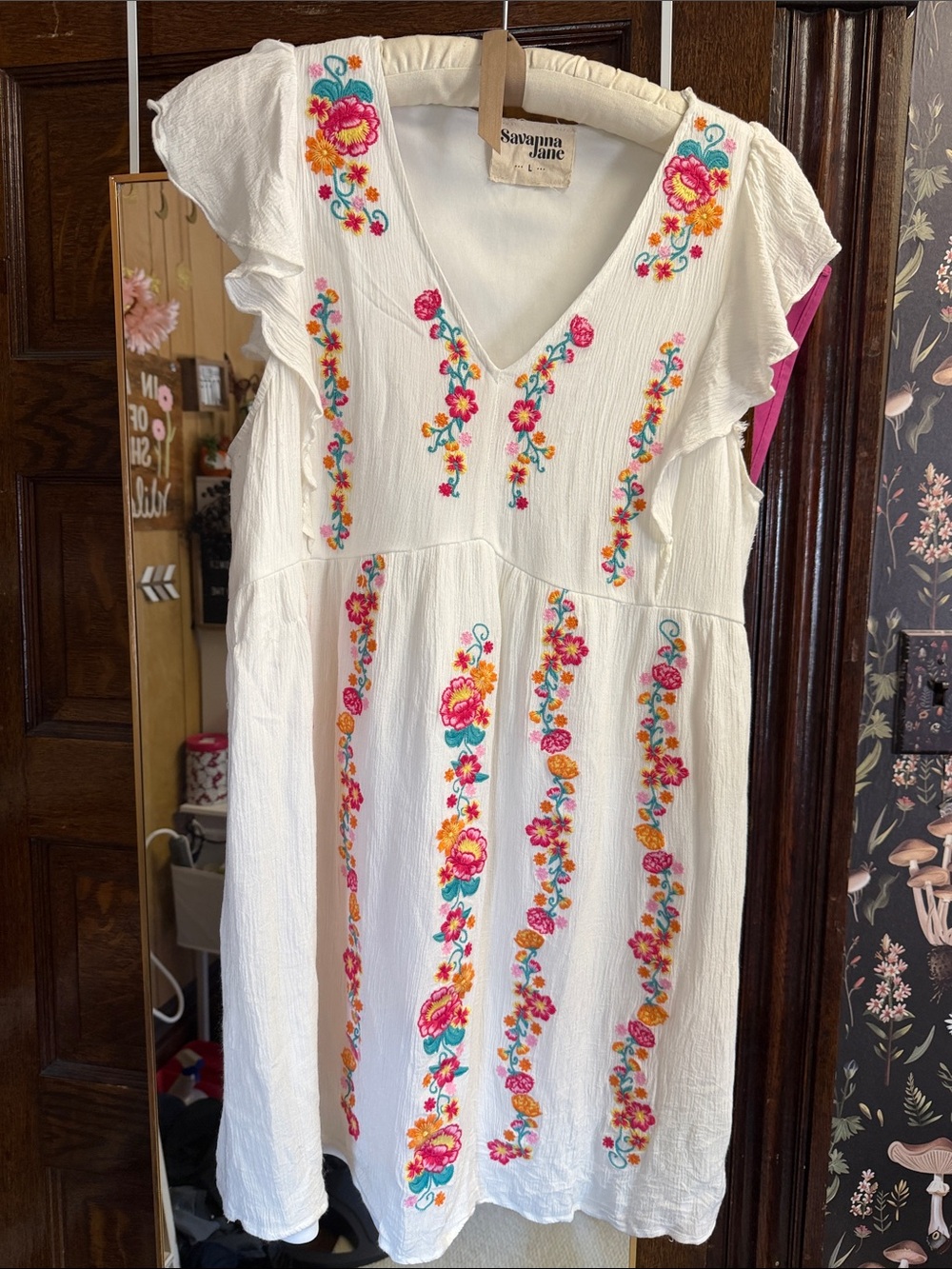 Savanna Jane White Dress with Multicolor Floral Embroidery